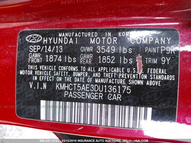 KMHCT5AE3DU136175 - 2013 HYUNDAI ACCENT GLS/GS RED photo 9