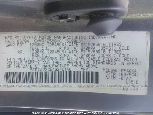 5TDZA22C64S216140 - 2004 TOYOTA SIENNA XLE/XLE LIMITED GRAY photo 9