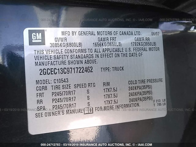 2GCEC13C971722462 - 2007 CHEVROLET SILVERADO C1500 CREW CAB BLUE photo 9