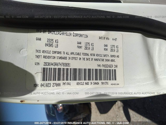 2B3KA43R07H783691 - 2007 DODGE CHARGER SE/SXT WHITE photo 9