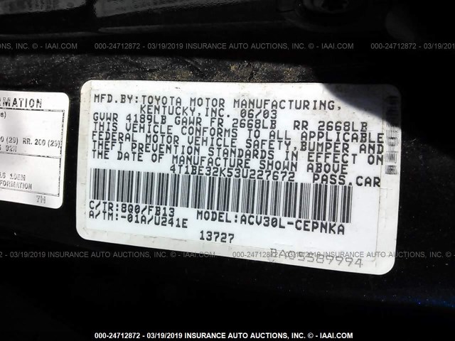 4T1BE32K53U227672 - 2003 TOYOTA CAMRY LE/XLE/SE BLUE photo 9