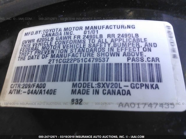 2T1CG22P51C479537 - 2001 TOYOTA CAMRY SOLARA SE BLACK photo 9