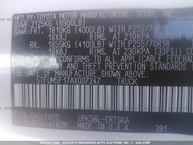 5TFUM5F17AX007247 - 2010 TOYOTA TUNDRA DOUBLE CAB SR5 WHITE photo 9