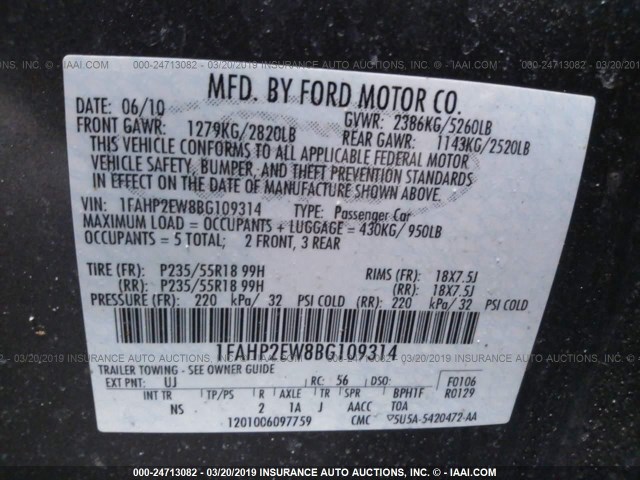 1FAHP2EW8BG109314 - 2011 FORD TAURUS SEL GRAY photo 9