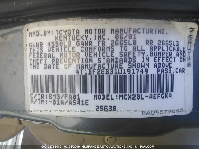 4T1BF28B31U191749 - 2001 TOYOTA AVALON XL/XLS Light Blue photo 9