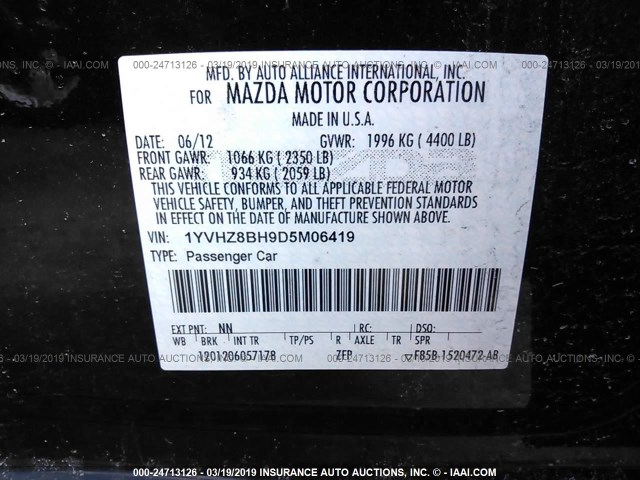 1YVHZ8BH9D5M06419 - 2013 MAZDA 6 SPORT BLACK photo 9