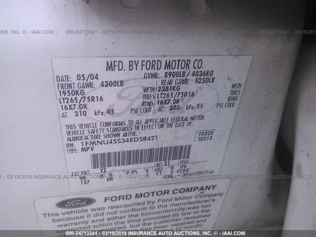 1FMNU45S34ED58421 - 2004 FORD EXCURSION EDDIE BAUER WHITE photo 9