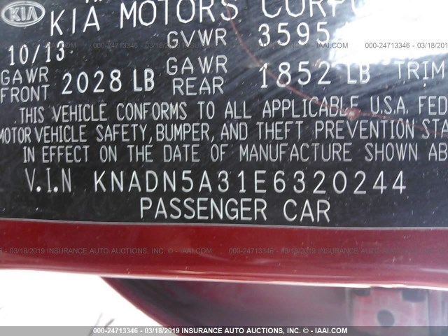 KNADN5A31E6320244 - 2014 KIA RIO EX RED photo 9