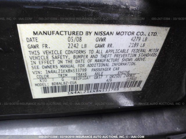 1N4AL21EX8N533799 - 2008 NISSAN ALTIMA 2.5/2.5S GRAY photo 9