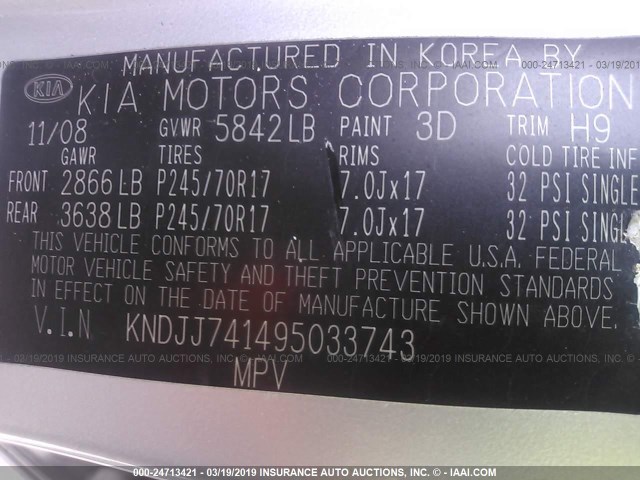 KNDJJ741495033743 - 2009 KIA BORREGO LX/EX GRAY photo 9