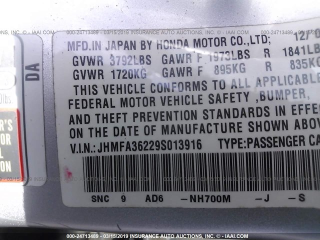 JHMFA36229S013916 - 2009 HONDA CIVIC HYBRID SILVER photo 9