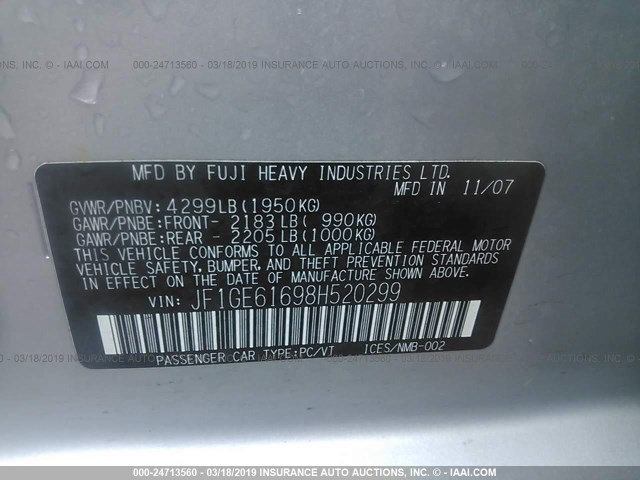 JF1GE61698H520299 - 2008 SUBARU IMPREZA 2.5I SILVER photo 9