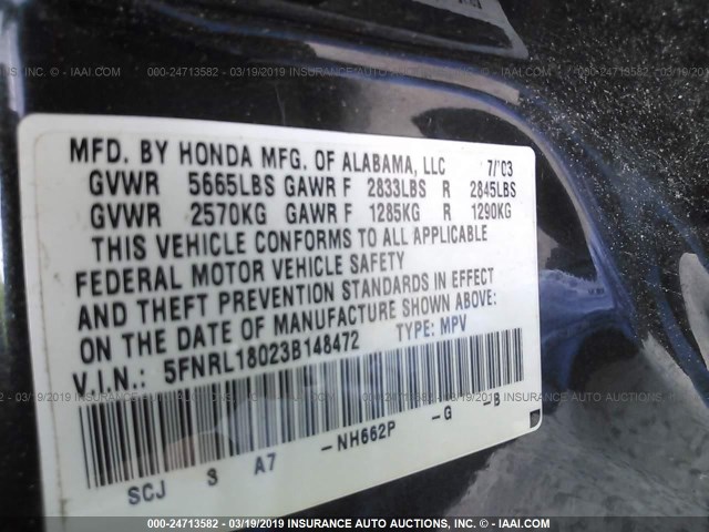 5FNRL18023B148472 - 2003 HONDA ODYSSEY EXL GRAY photo 9