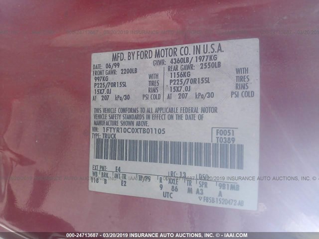 1FTYR10C0XTB01105 - 1999 FORD RANGER RED photo 9