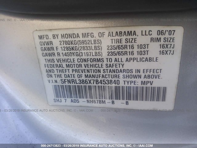 5FNRL386X7B453840 - 2007 HONDA ODYSSEY EXL SILVER photo 9