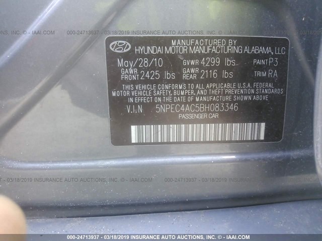 5NPEC4AC5BH083346 - 2011 HYUNDAI SONATA SE/LIMITED GRAY photo 9