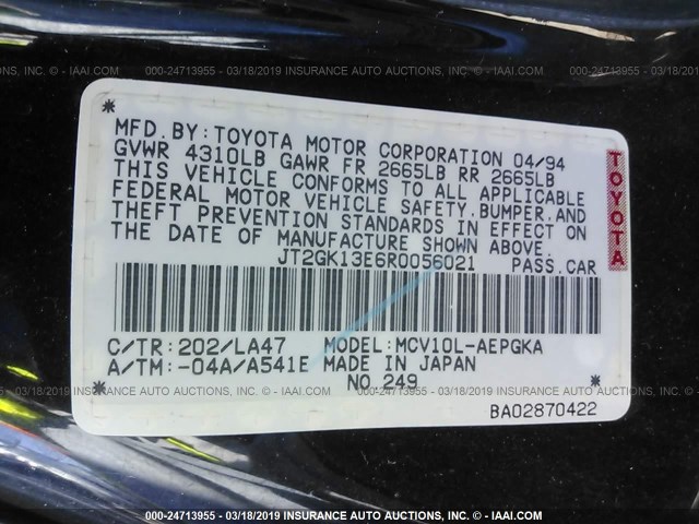 JT2GK13E6R0056021 - 1994 TOYOTA CAMRY XLE BLACK photo 9