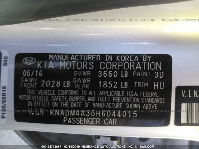 KNADM4A36H6044015 - 2017 KIA RIO LX SILVER photo 9