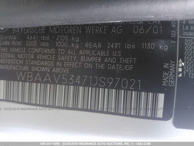 WBAAV53471JS97021 - 2001 BMW 330 I SILVER photo 9