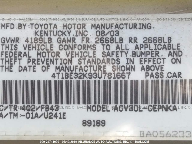4T1BE32K93U781667 - 2003 TOYOTA CAMRY LE/XLE/SE GOLD photo 9
