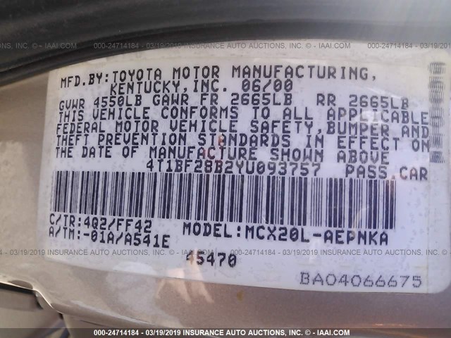 4T1BF28B2YU093757 - 2000 TOYOTA AVALON XL/XLS TAN photo 9