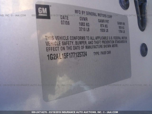 1G2AL15F177125724 - 2007 PONTIAC G5 SILVER photo 9