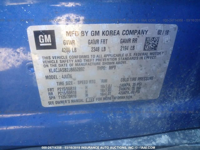 KL4CJASB2JB652892 - 2018 BUICK ENCORE PREFERRED Көк фото 9