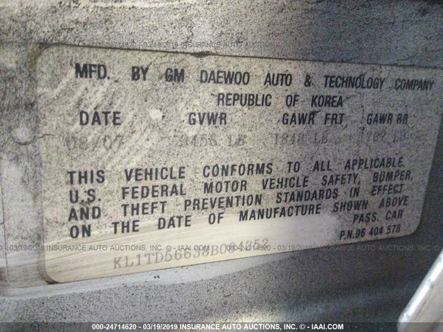 KL1TD56638B084252 - 2008 CHEVROLET AVEO LS SILVER photo 9