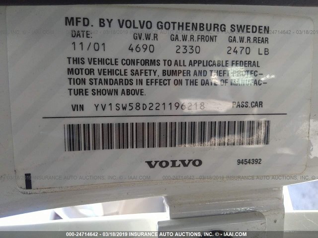 YV1SW58D221196218 - 2002 VOLVO V70 2.4T WHITE photo 9