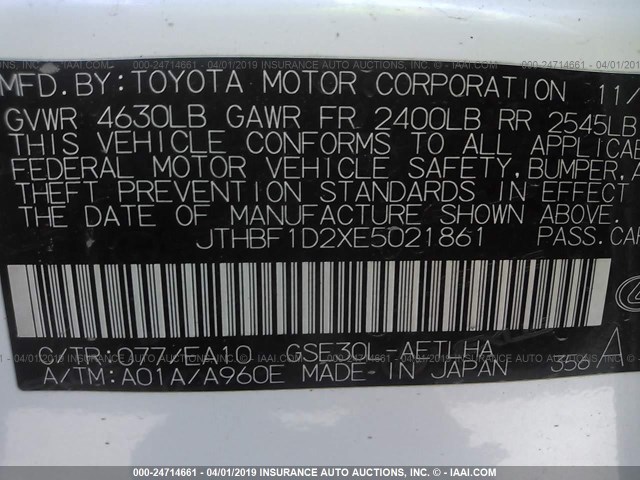 JTHBF1D2XE5021861 - 2014 LEXUS IS 250 WHITE photo 9