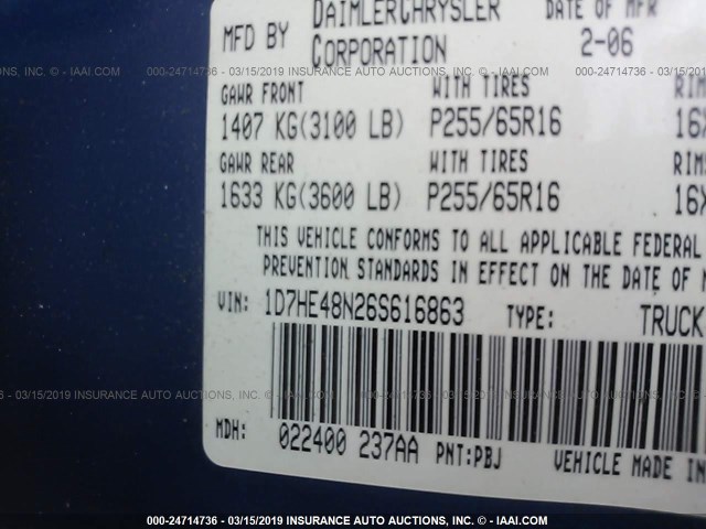 1D7HE48N26S616863 - 2006 DODGE DAKOTA QUAD SLT BLUE photo 9