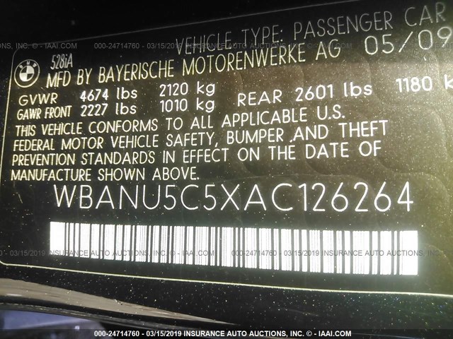 WBANU5C5XAC126264 - 2010 BMW 528 BLACK photo 9