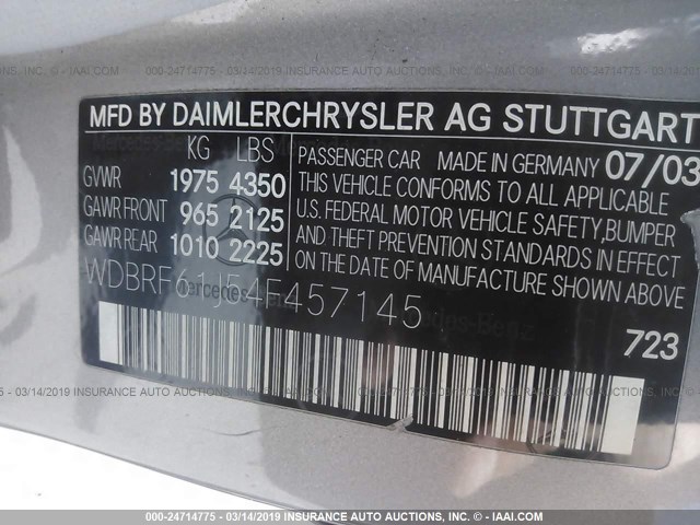 WDBRF61J54F457145 - 2004 MERCEDES-BENZ C 240 GRAY photo 9