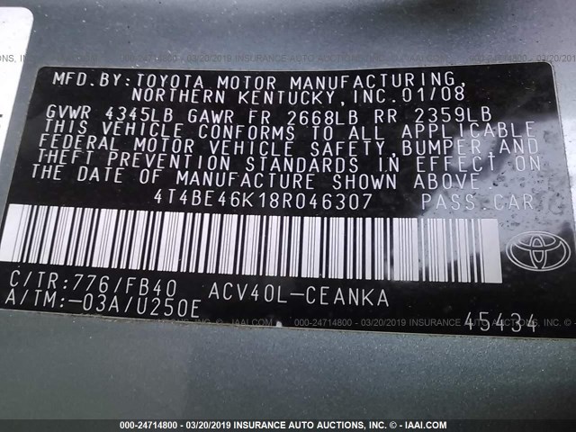 4T4BE46K18R046307 - 2008 TOYOTA CAMRY CE/LE/XLE/SE GREEN photo 9