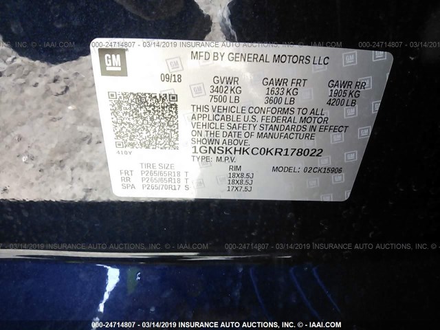 1GNSKHKC0KR178022 - 2019 CHEVROLET SUBURBAN K1500 LT BLUE photo 9