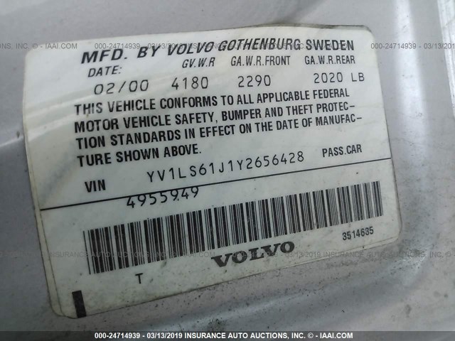 YV1LS61J1Y2656428 - 2000 VOLVO S70 SE SILVER photo 9