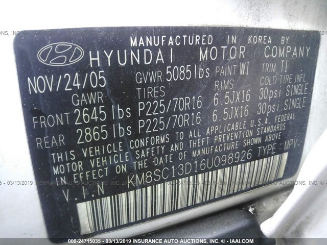 KM8SC13D16U098926 - 2006 HYUNDAI SANTA FE GLS/LIMITED WHITE photo 9