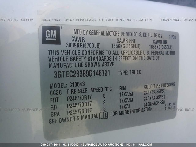 3GTEC23389G146721 - 2009 GMC SIERRA C1500 SLE WHITE photo 9