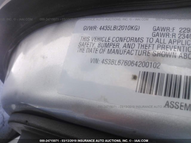 4S3BL676064200102 - 2006 SUBARU LEGACY GT LIMITED SILVER photo 9