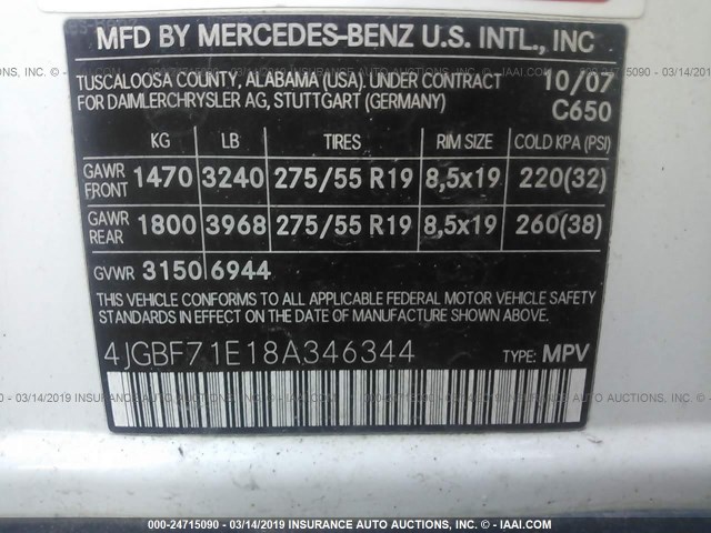 4JGBF71E18A346344 - 2008 MERCEDES-BENZ GL 450 4MATIC WHITE photo 9