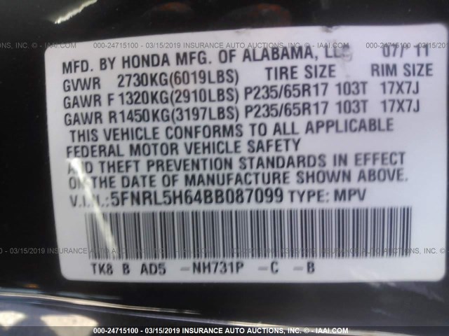 5FNRL5H64BB087099 - 2011 HONDA ODYSSEY EXL BLACK photo 9