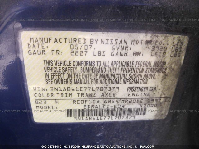 3N1AB61E77L707379 - 2007 NISSAN SENTRA 2.0/2.0S/2.0SL BLUE photo 9