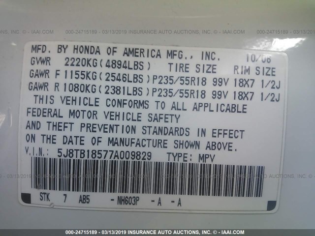 5J8TB18577A009829 - 2007 ACURA RDX TECHNOLOGY WHITE photo 9