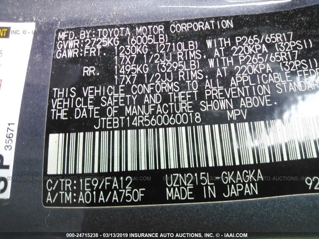 JTEBT14R560060018 - 2006 TOYOTA 4RUNNER SR5/SPORT GRAY photo 9