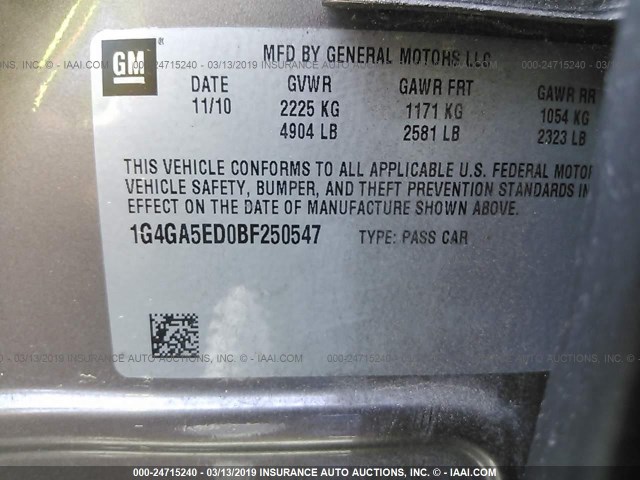 1G4GA5ED0BF250547 - 2011 BUICK LACROSSE CX GOLD photo 9