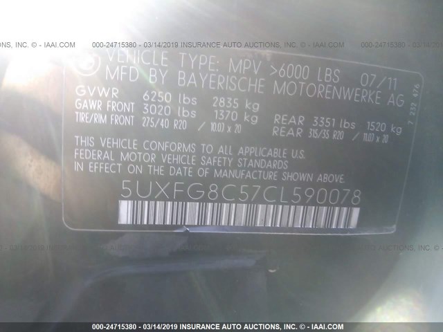 5UXFG8C57CL590078 - 2012 BMW X6 XDRIVE50I BLACK photo 9