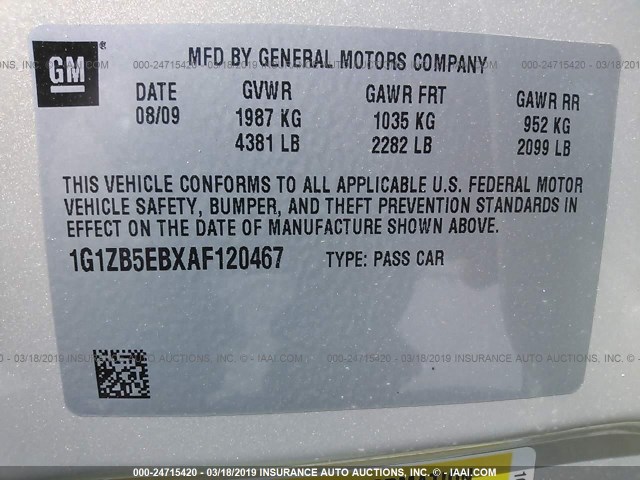 1G1ZB5EBXAF120467 - 2010 CHEVROLET MALIBU LS Pewter photo 9