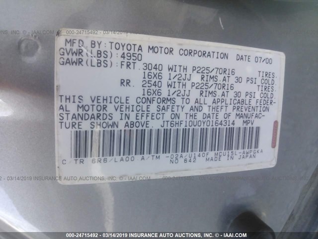 JT6HF10U0Y0164314 - 2000 LEXUS RX 300 Pewter photo 9