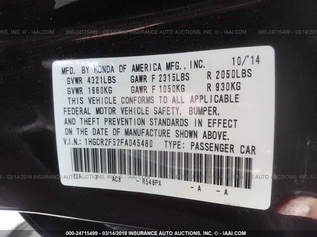 1HGCR2F52FA045480 - 2015 HONDA ACCORD SPORT 栗色 照片 9