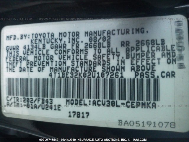 4T1BE32K02U107261 - 2002 TOYOTA CAMRY LE/XLE/SE BLACK photo 9